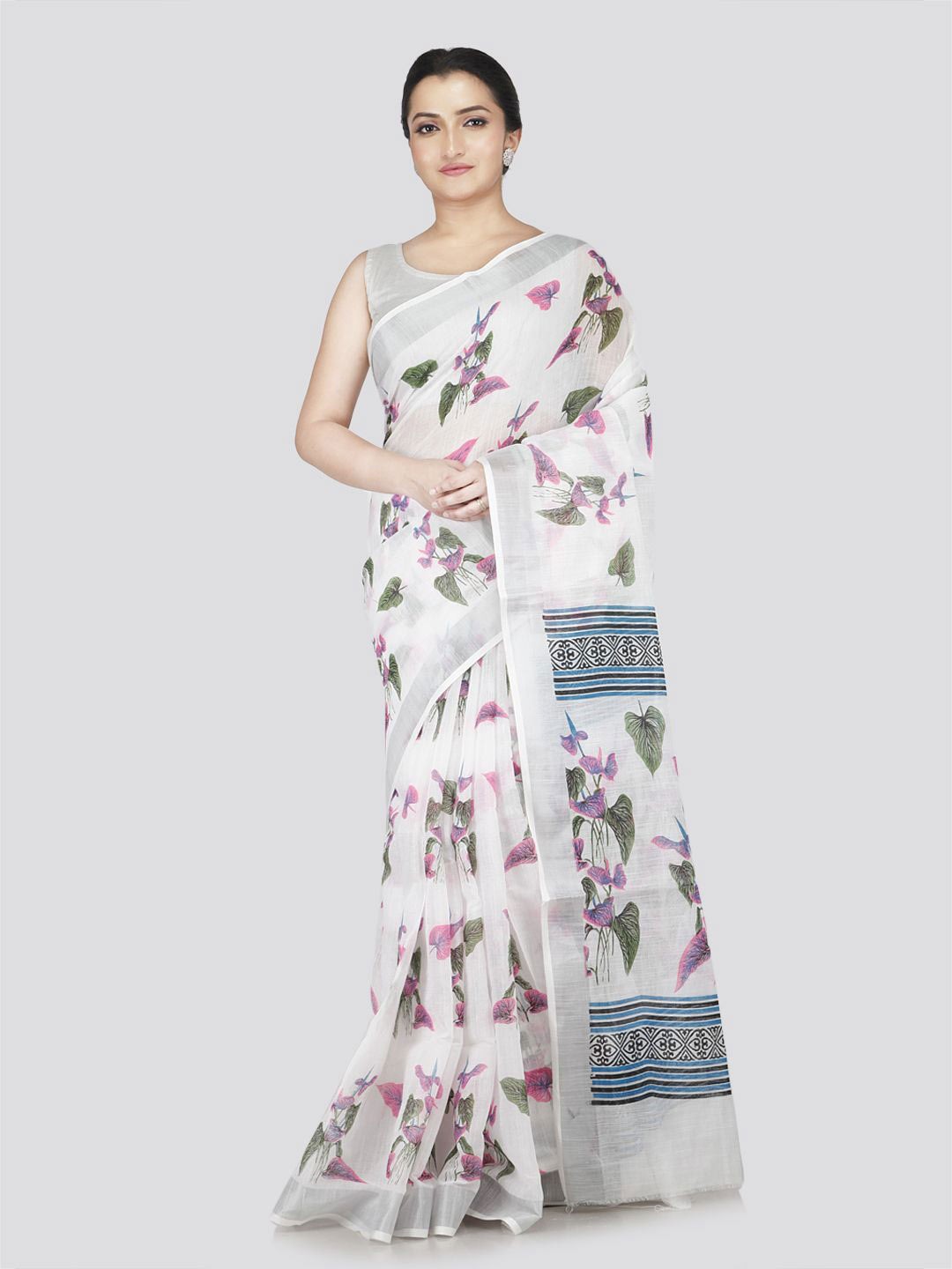 

PinkLoom Floral Zari Pure Cotton Saree, White