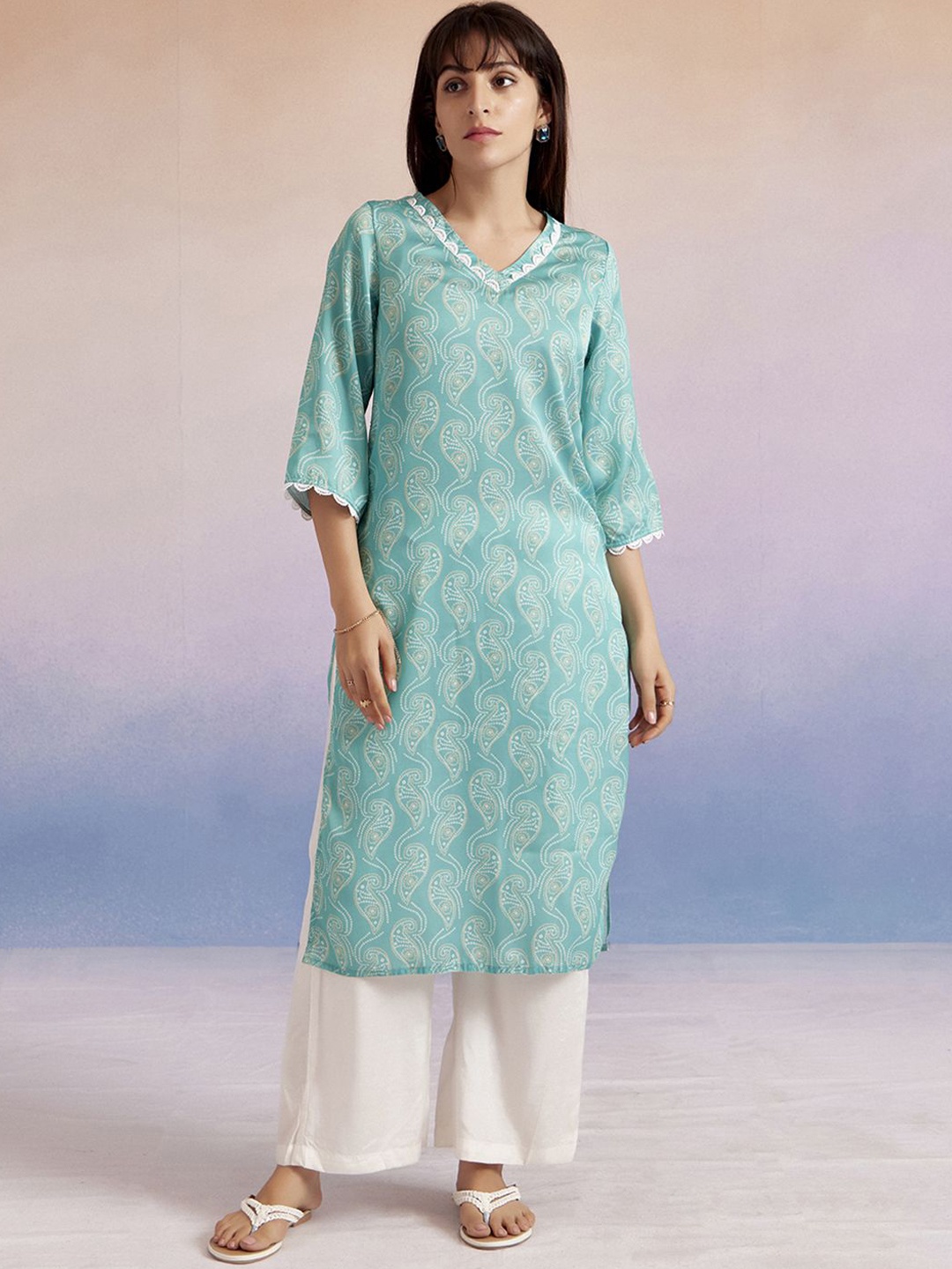 

Jaipur Kurti Bandhej Printed Straight Kurta, Turquoise blue