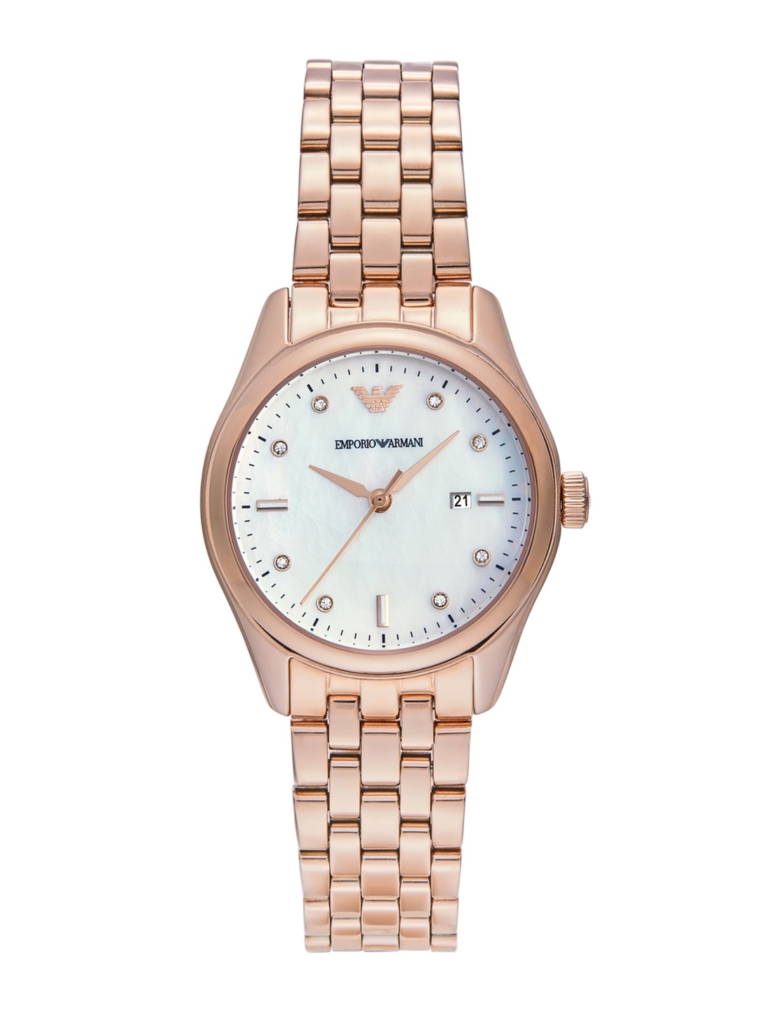 

Emporio Armani Women Embellished Bracelet Style Analogue Watch AR11615I-Rose Gold, White