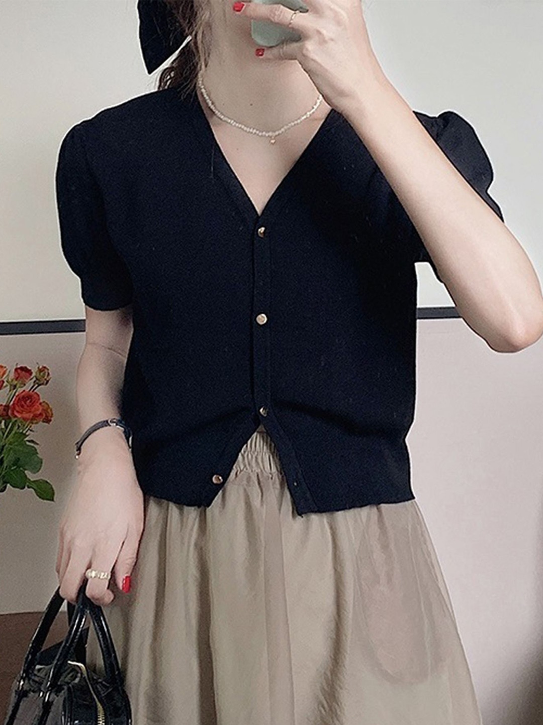 

LULU & SKY Extended Sleeves Cotton Top, Black