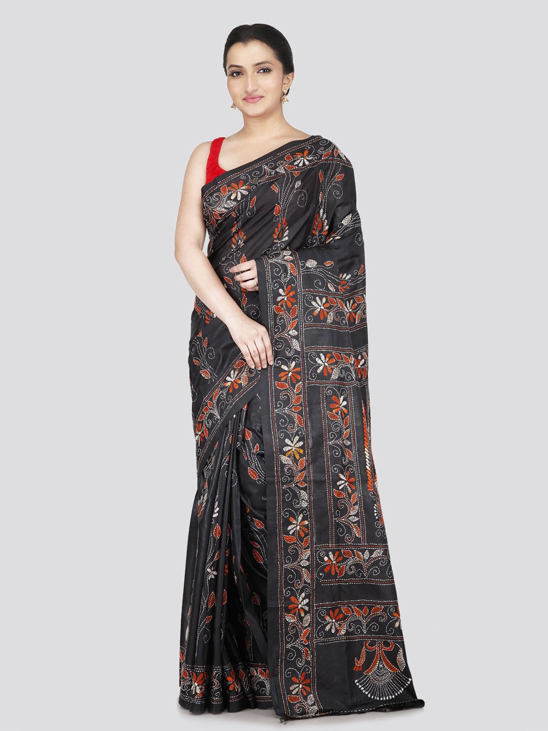 

PinkLoom Floral Kantha Work Pure Silk Saree, Black