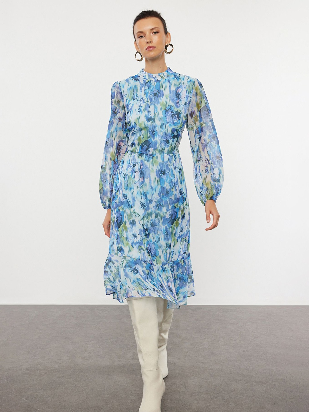 

Trendyol Floral Print Puff Sleeve A-Line Dress, Blue