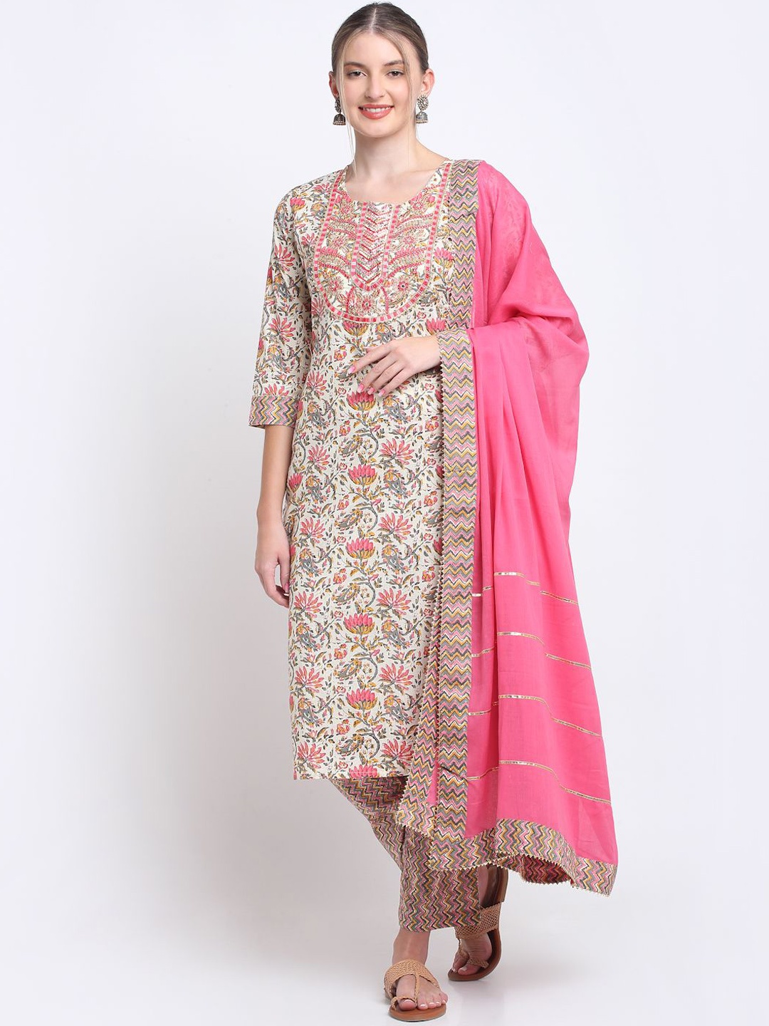 

KALINI Floral Printed Pure Cotton Kurta with Trousers & Dupatta, Beige