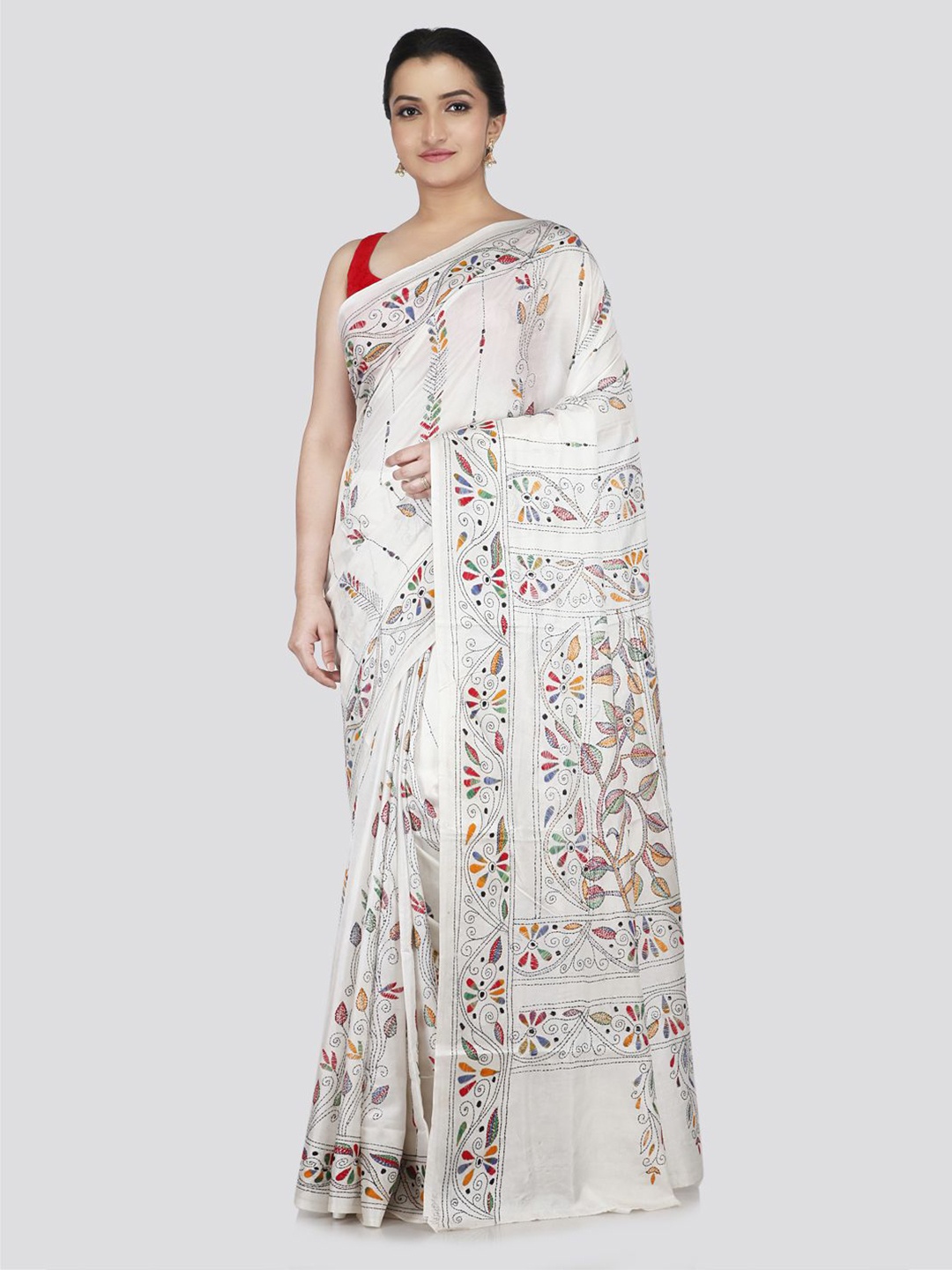 

PinkLoom Floral Kantha Work Pure Silk Saree, White