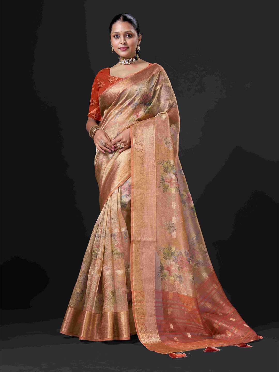 

HEER FASHION Woven Design Zari Embellished Tissue Saree, Orange