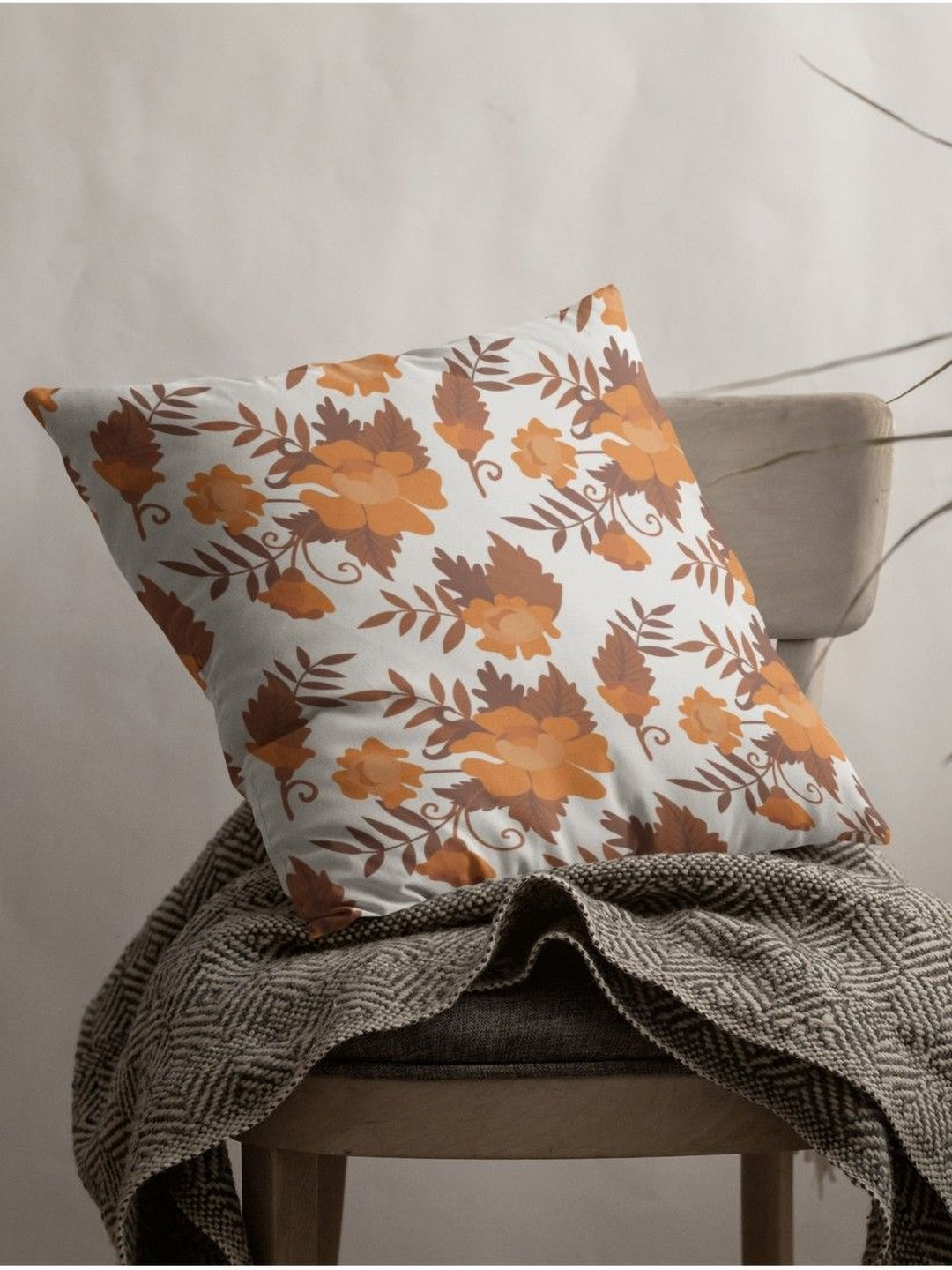 

THEYAYACAFE White & Orange Floral Printed Velvet Square Cushion Cover