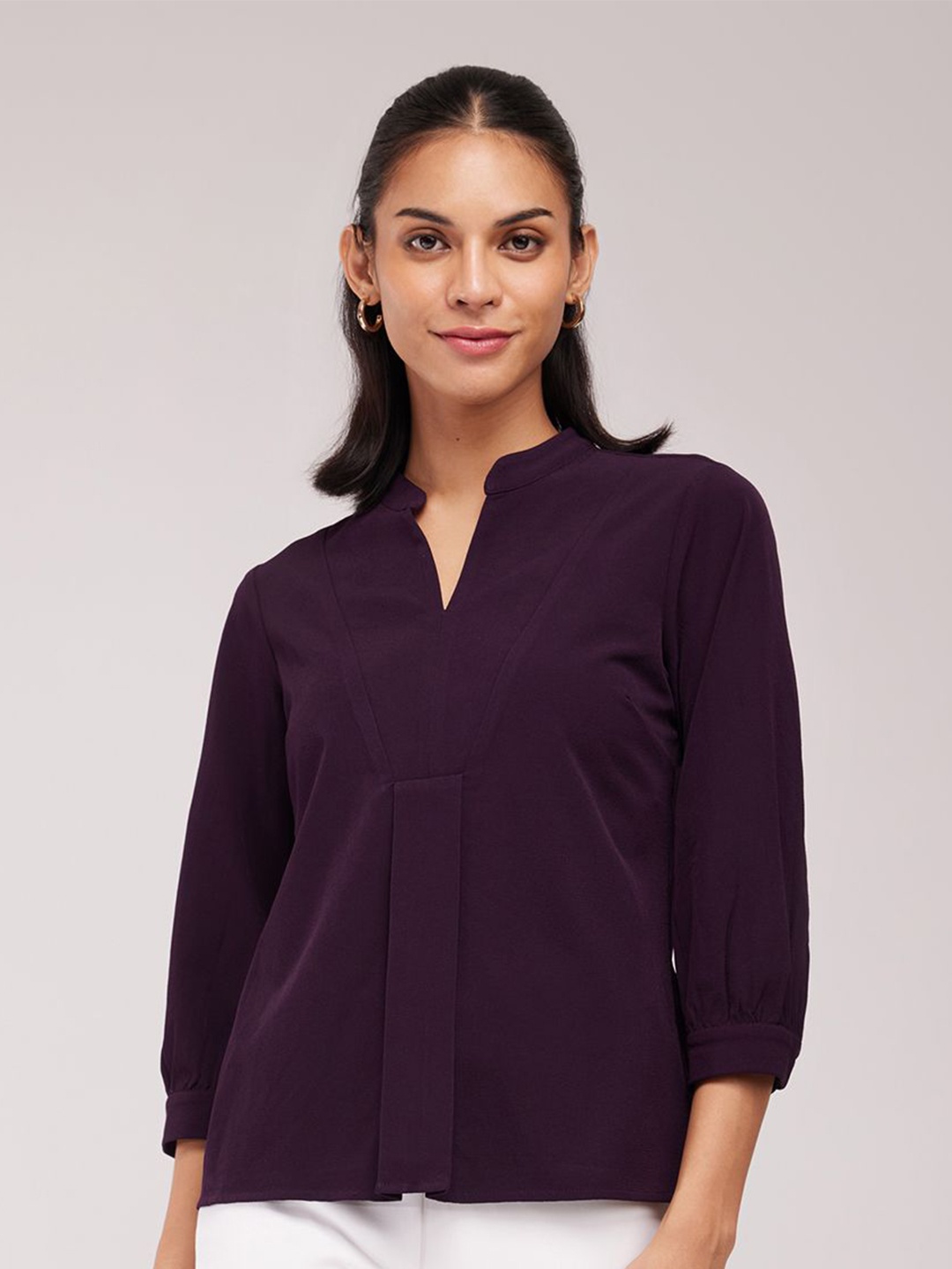 

FableStreet Women Solid Mandarin Collar Top, Purple