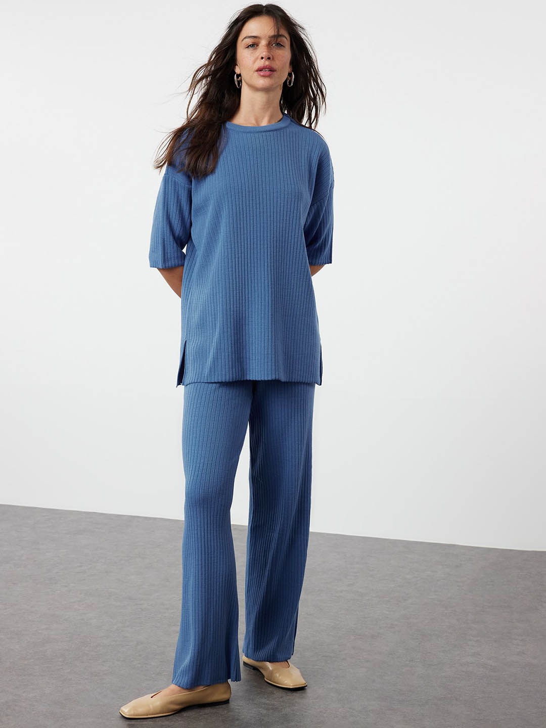 

Trendyol Striped Short Sleeve Acrylic Tunic & Trouser, Blue