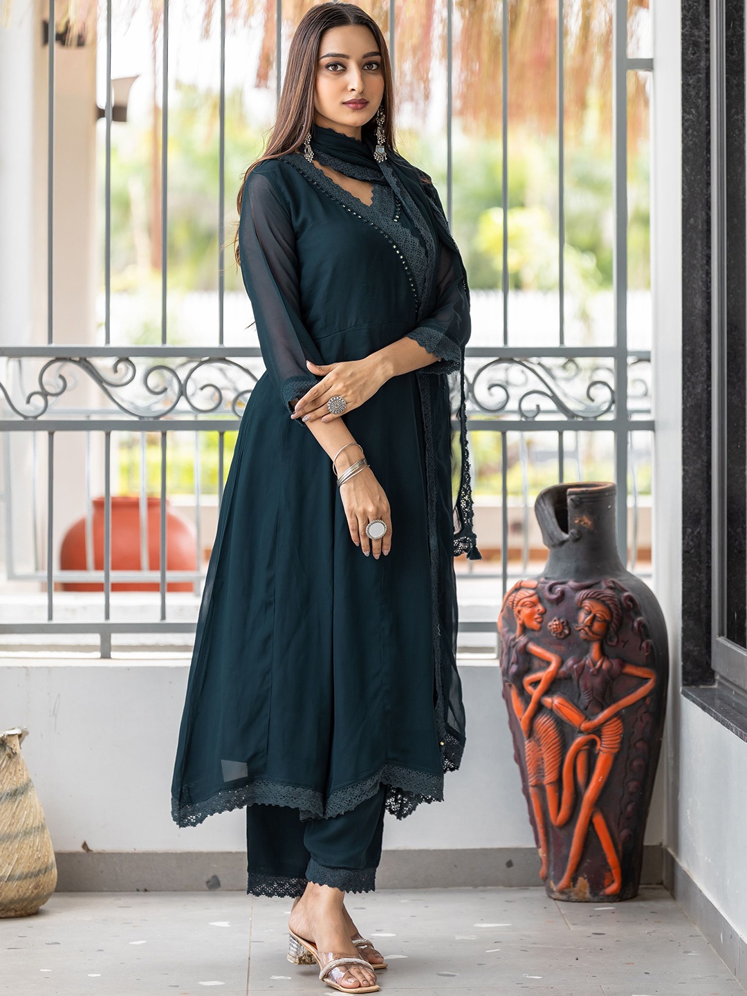

MITTOO V-Neck Mirror Work Pure Georgette Kurta With Palazzo & Dupatta, Green