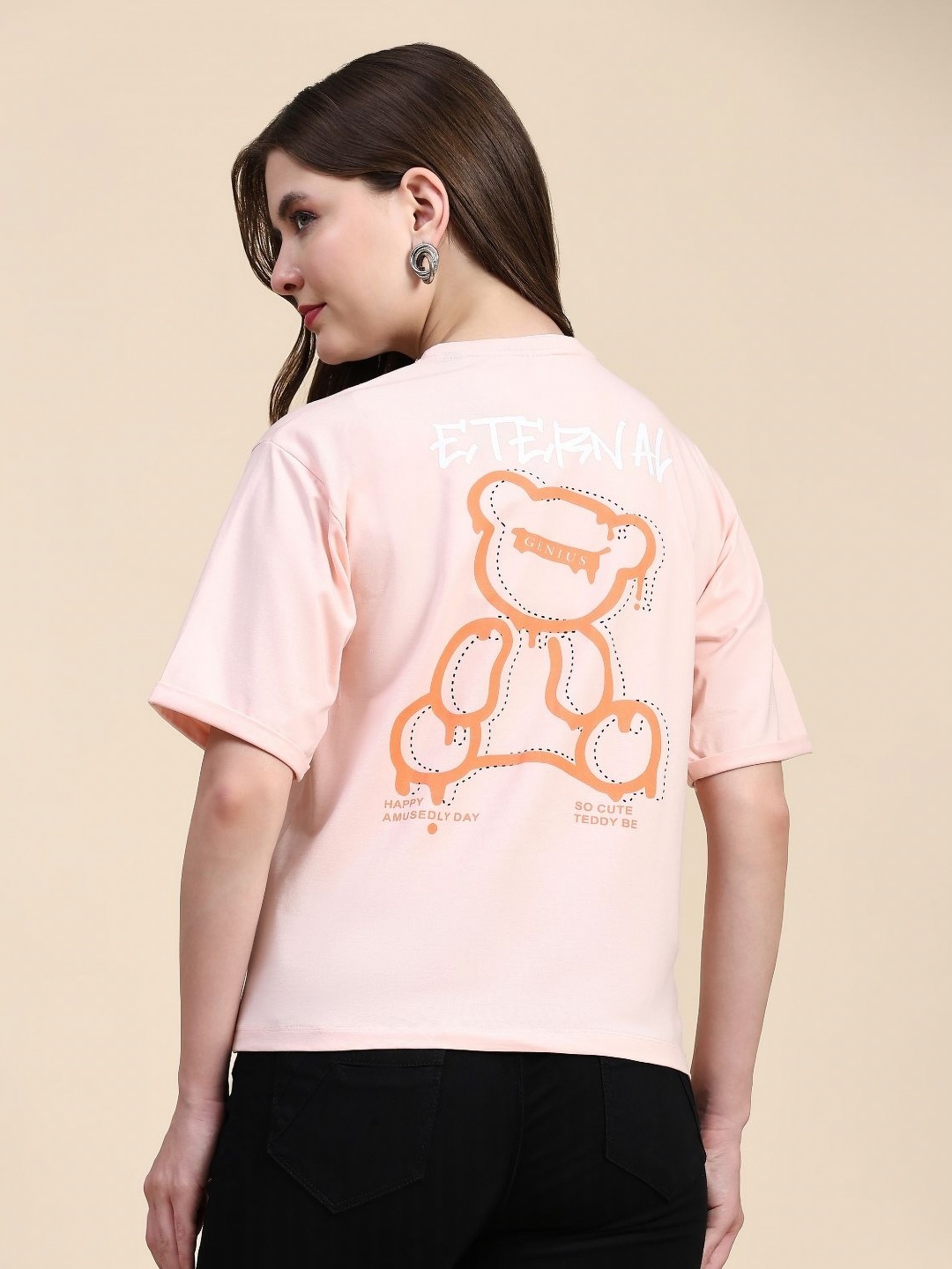 

AECK Women Graphic Printed Round Neck Cotton T-shirt, Peach