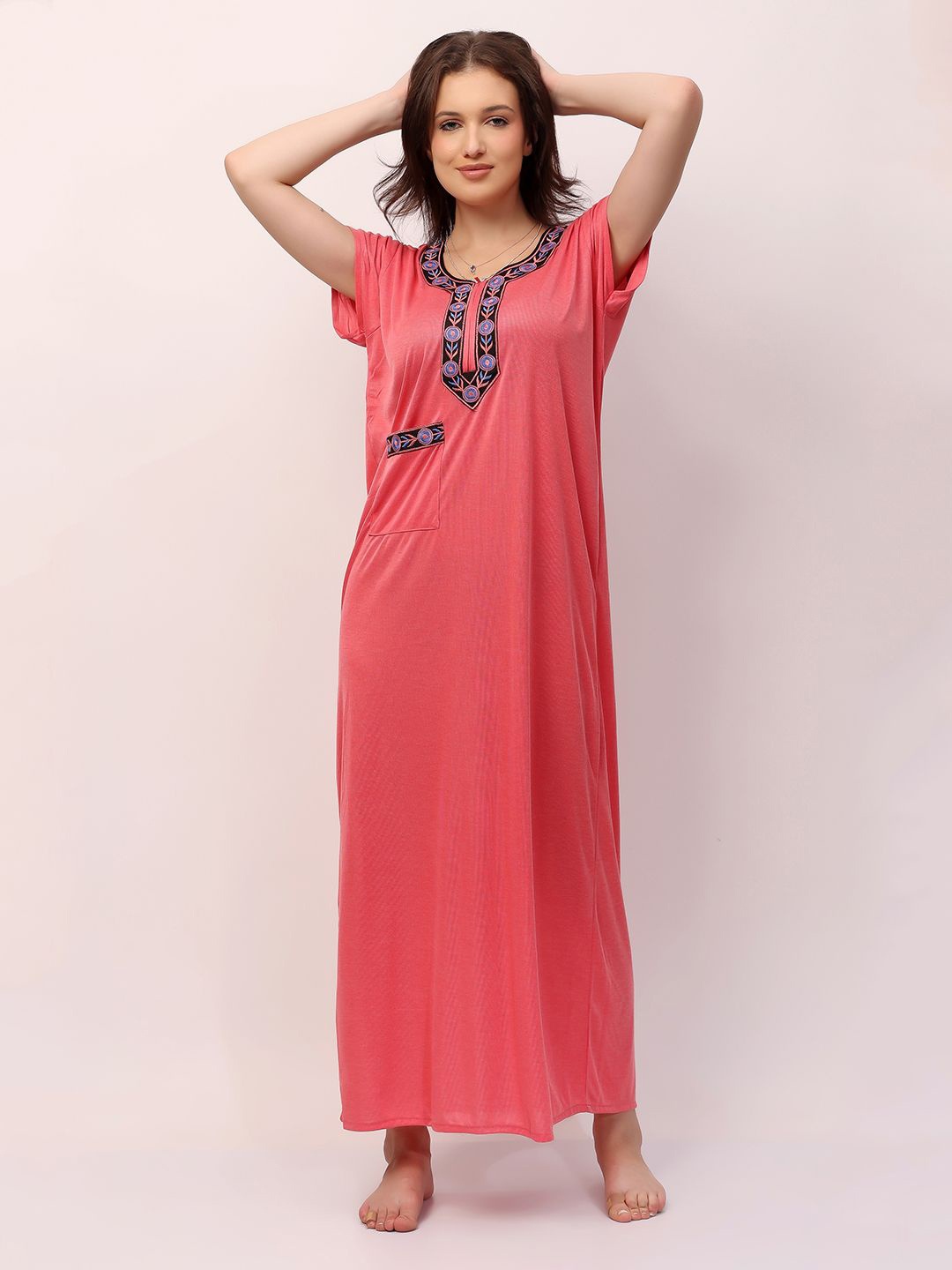 

NIGHT KEYS Embroidered Maxi Nightdress, Pink