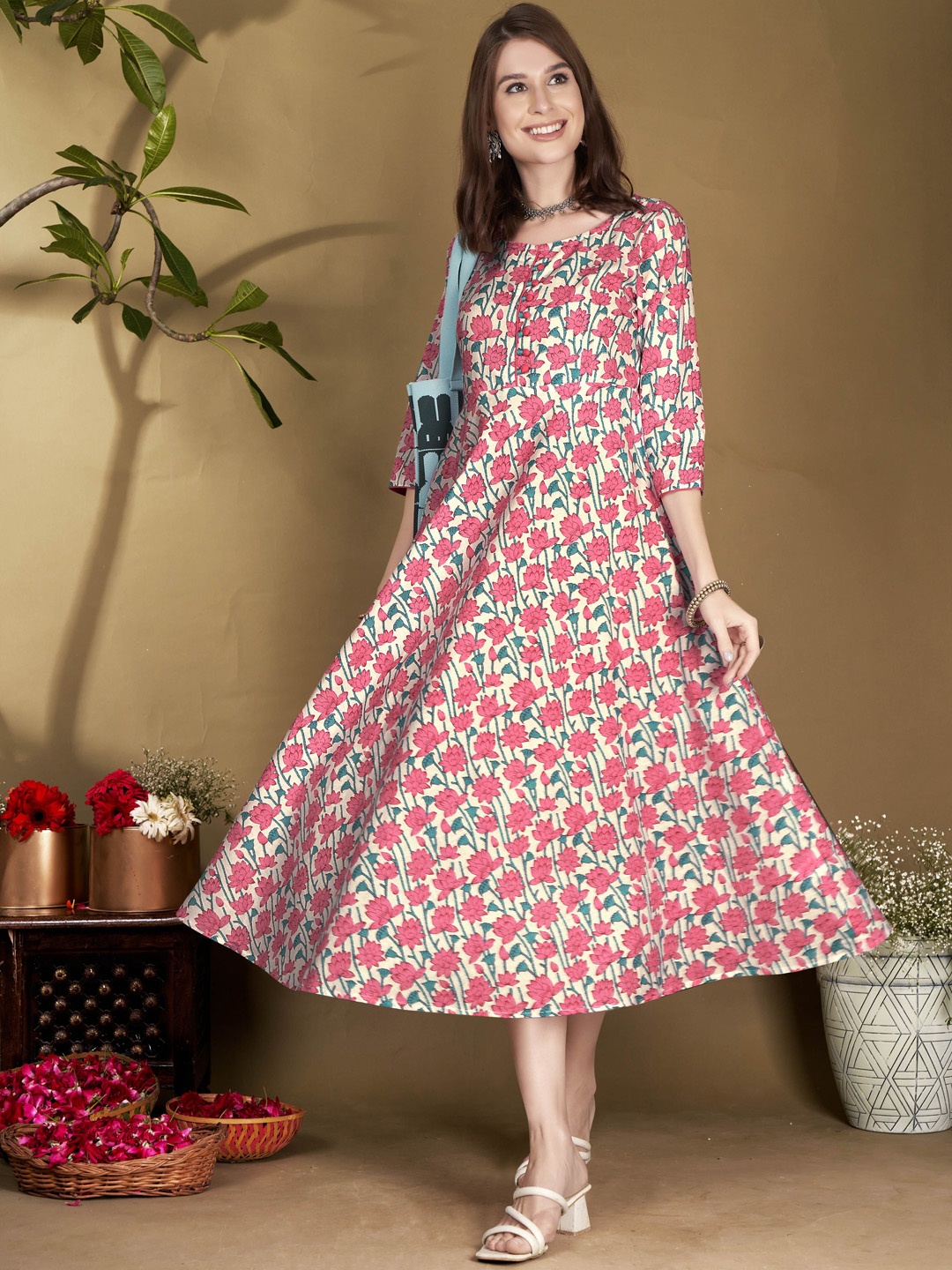

Anouk Floral Printed Cotton Fit & Flare Ethnic Dress, White