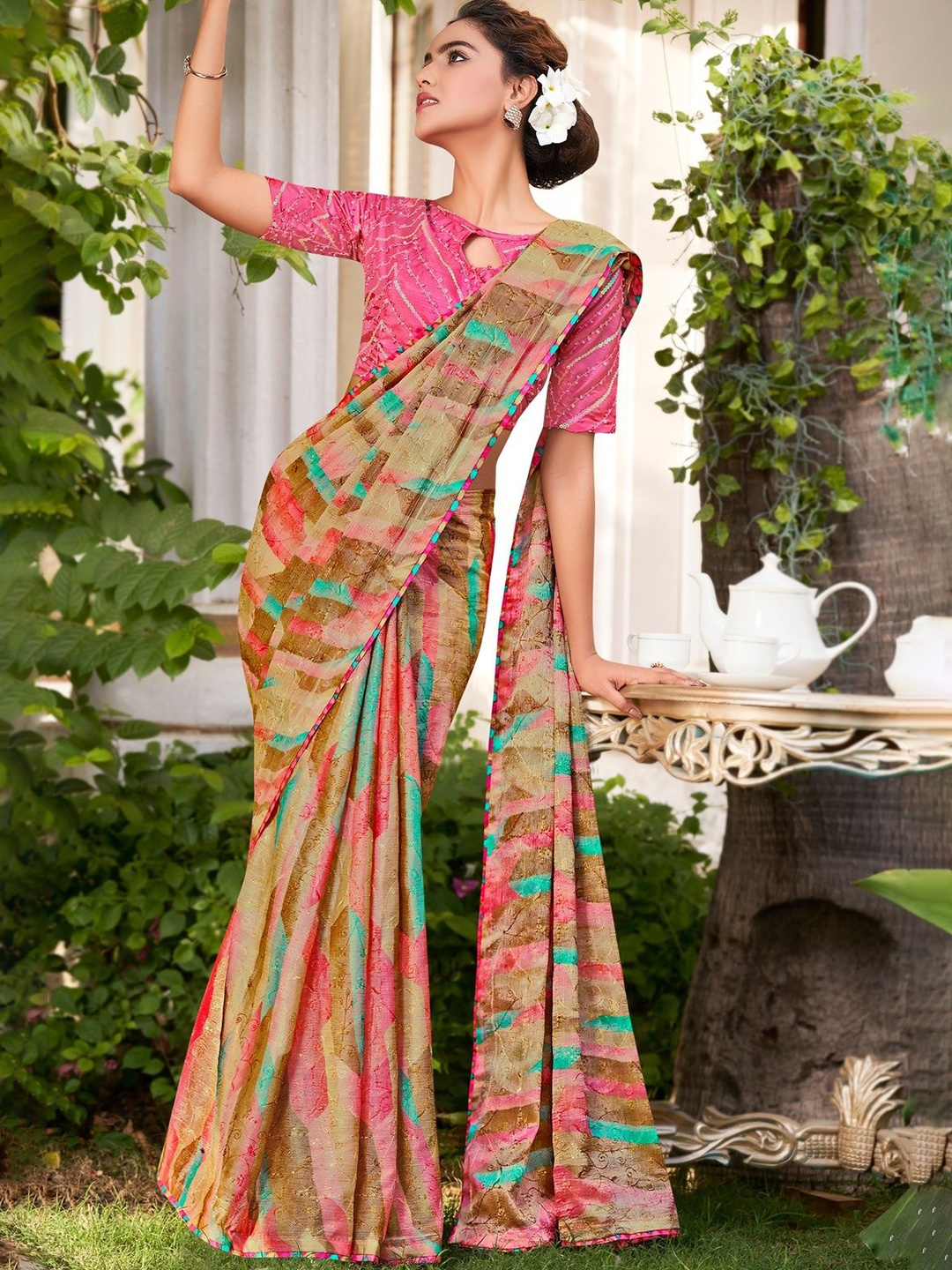 

CHUDIYA Pure Chiffon Abstract Printed Saree, Pink