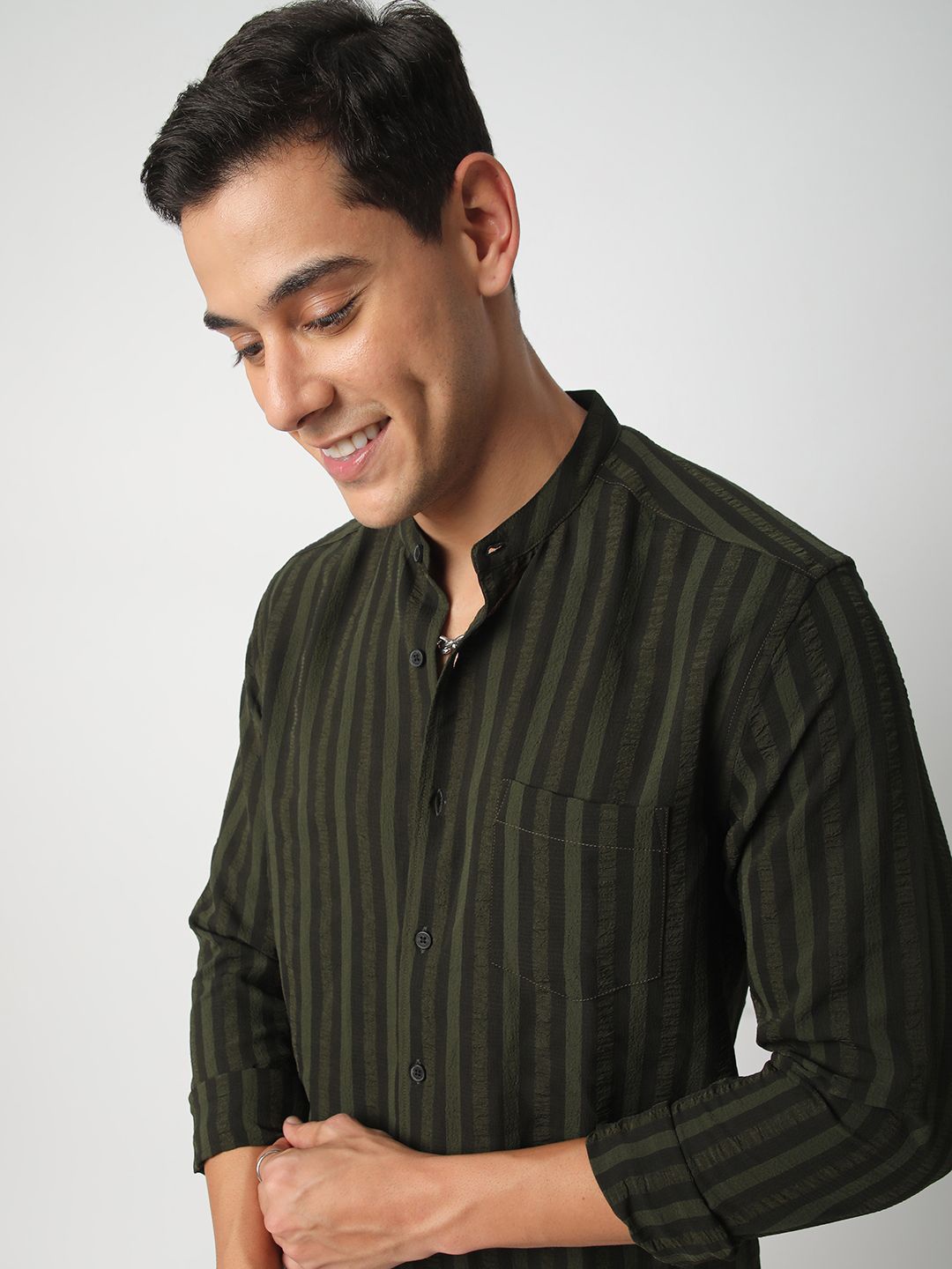 

VASTRADO Men Classic Slim Fit Opaque Striped Casual Shirt, Olive