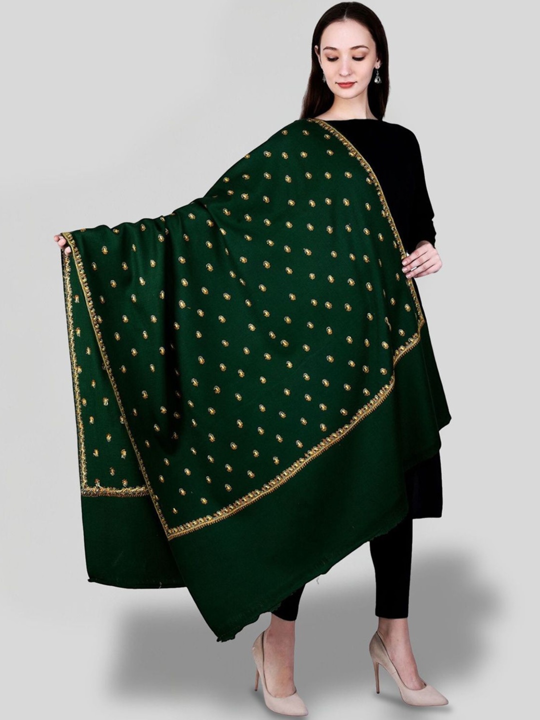 

SWI Stylish Floral Embroidered Pure Woollen Shawl, Green