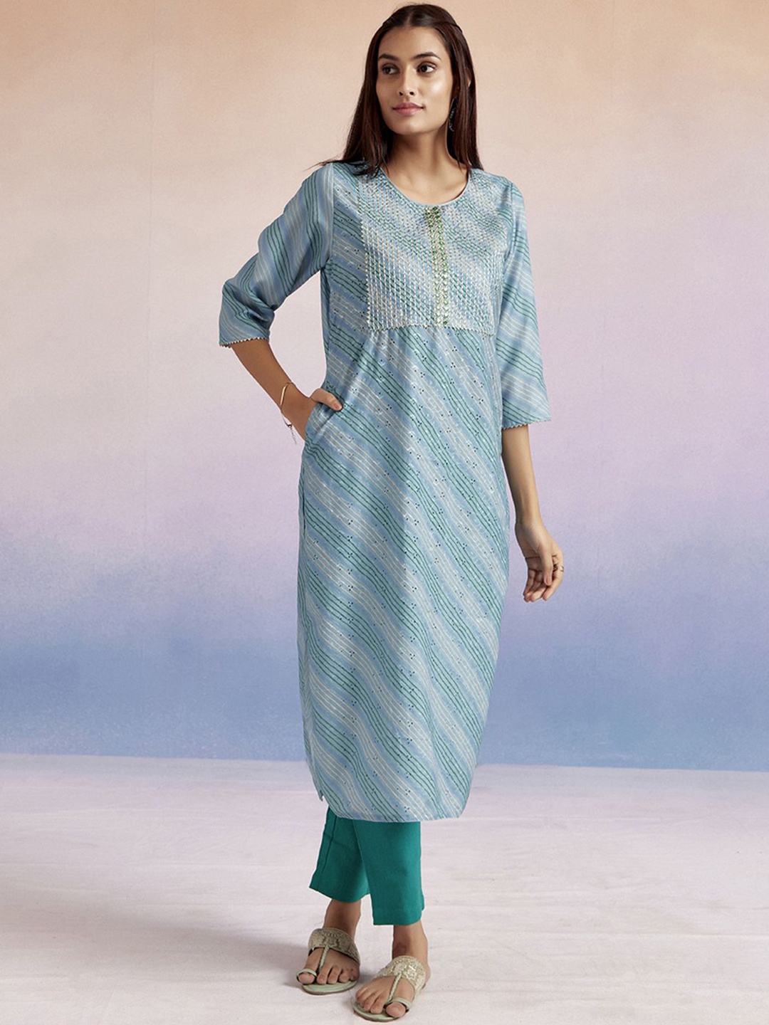 

Jaipur Kurti Leheriya Printed Schiffli Straight Kurta, Blue