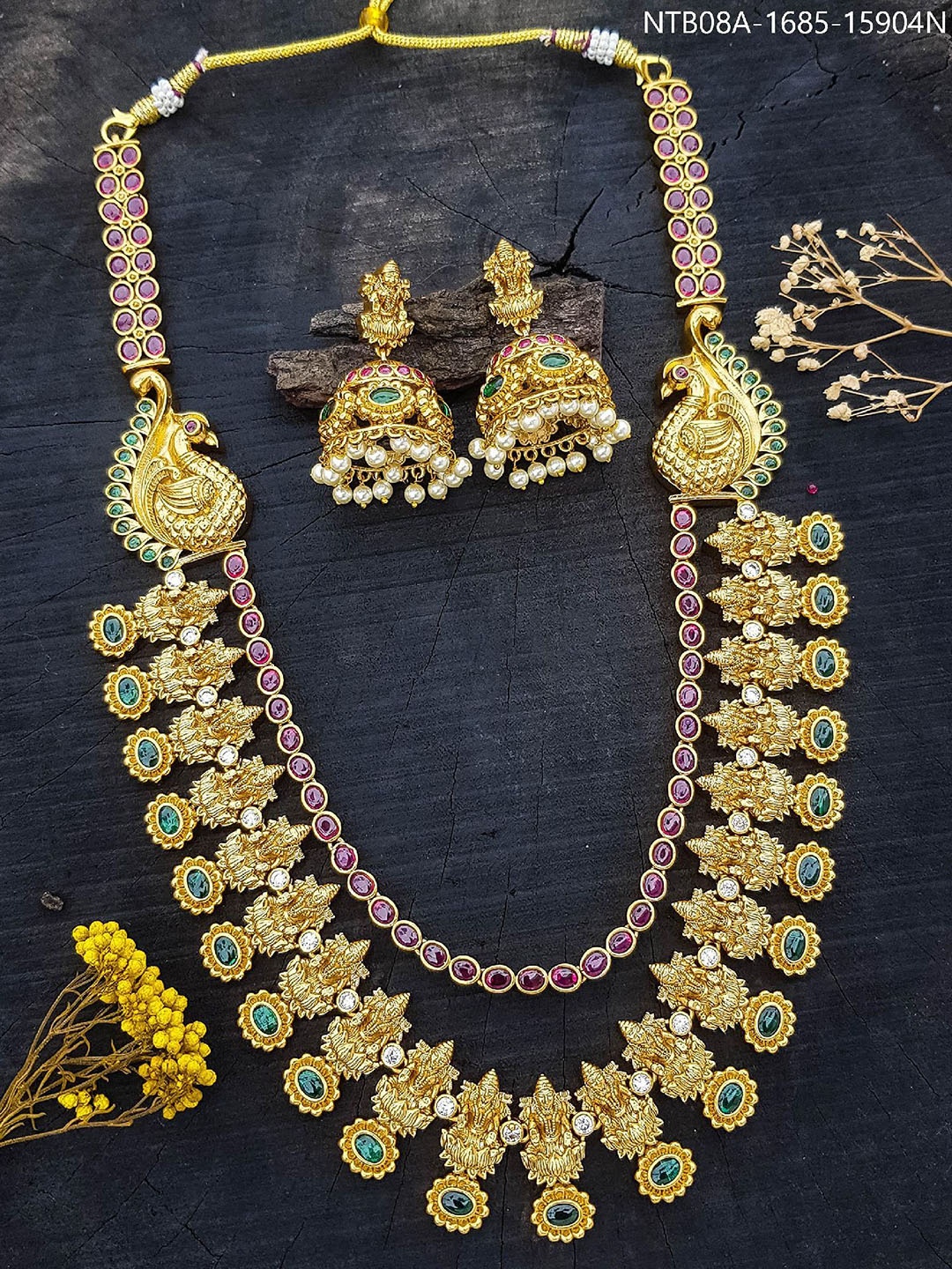 

GRIIHAM Gold-Plated CZ Studded Temple Brass Necklace and Earrings