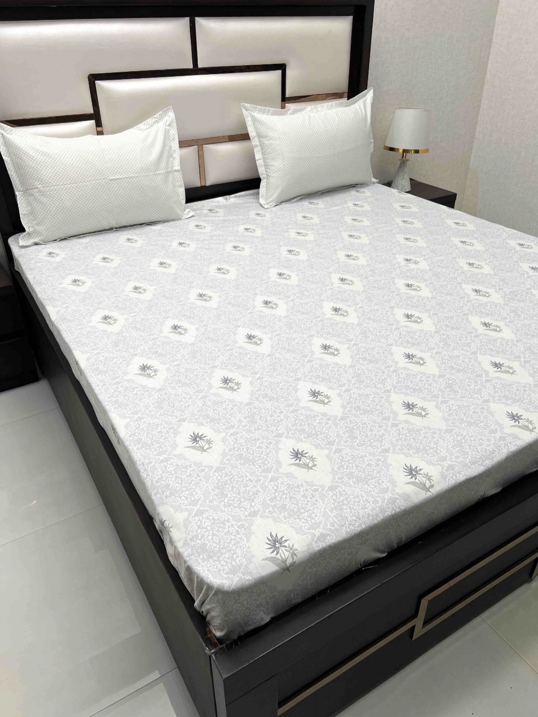 

Pure Decor Lifestyle Grey Floral 400 TC Pure Cotton King Bedsheet With 2 Pillow Covers