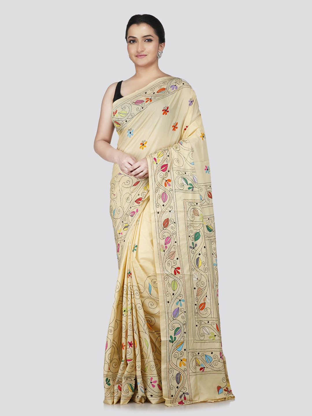 

PinkLoom Paisley Kantha Work Pure Silk Heavy Work Saree, Beige
