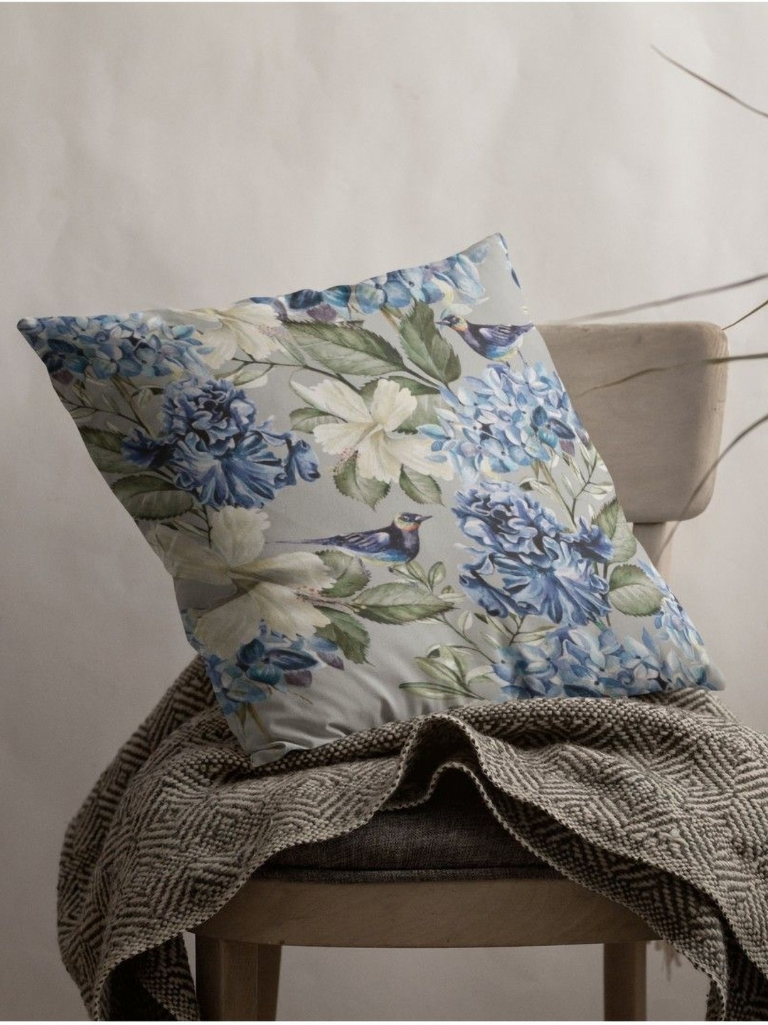 

THEYAYACAFE Grey & Green Floral Printed Velvet Square Cushion Cover