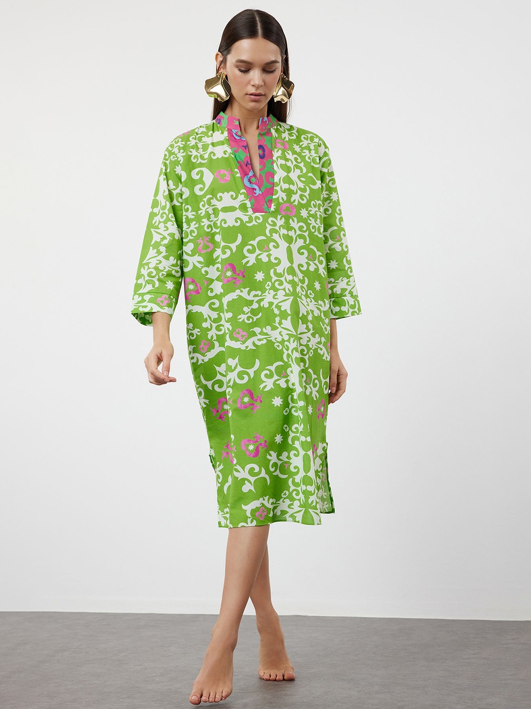 

Trendyol Floral Print Flared Sleeve A-Line Midi Dress, Green