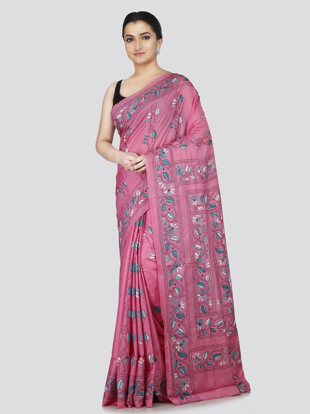 

PinkLoom Floral Kantha Work Pure Silk Saree, Pink
