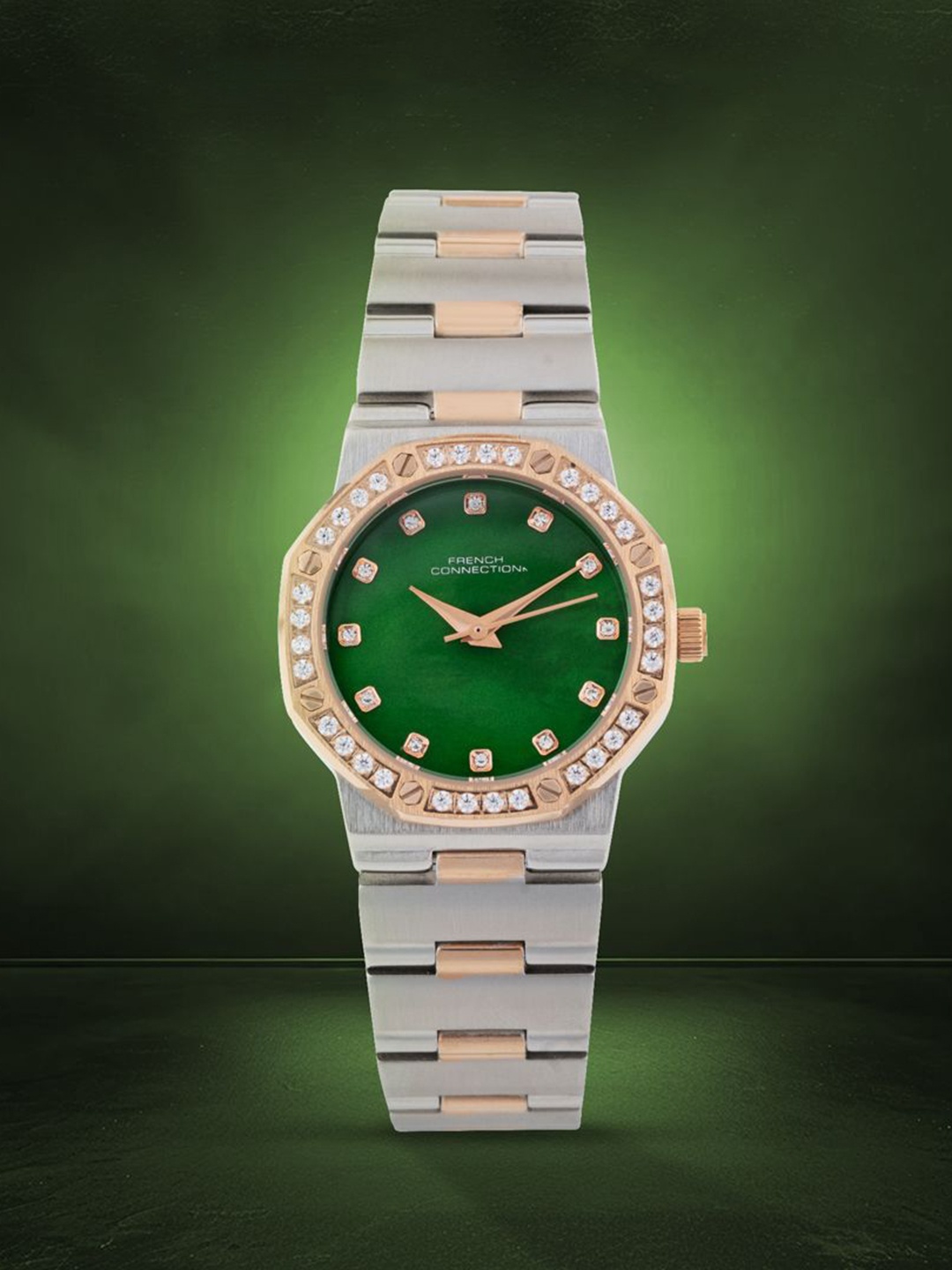 

French Connection Women Embellished Dial & Bracelet Style Straps Analogue Watch FCH13RTM, Green