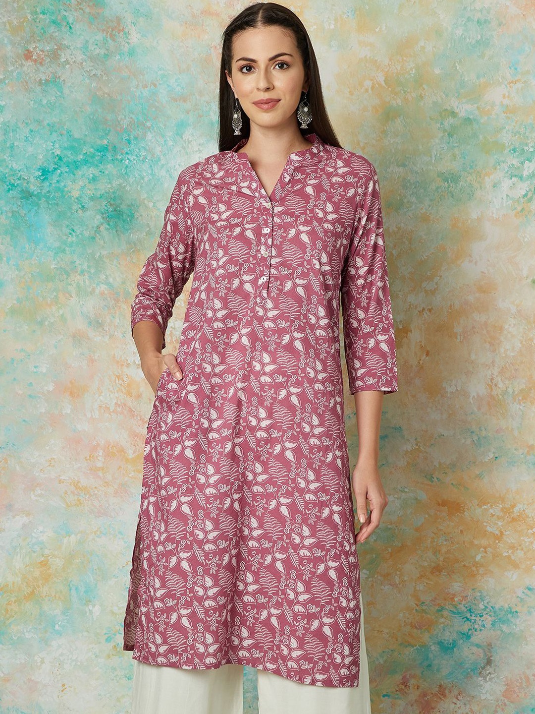 

Melange by Lifestyle Floral Printed Mandarin Collar Cotton Straight Kurta, Pink