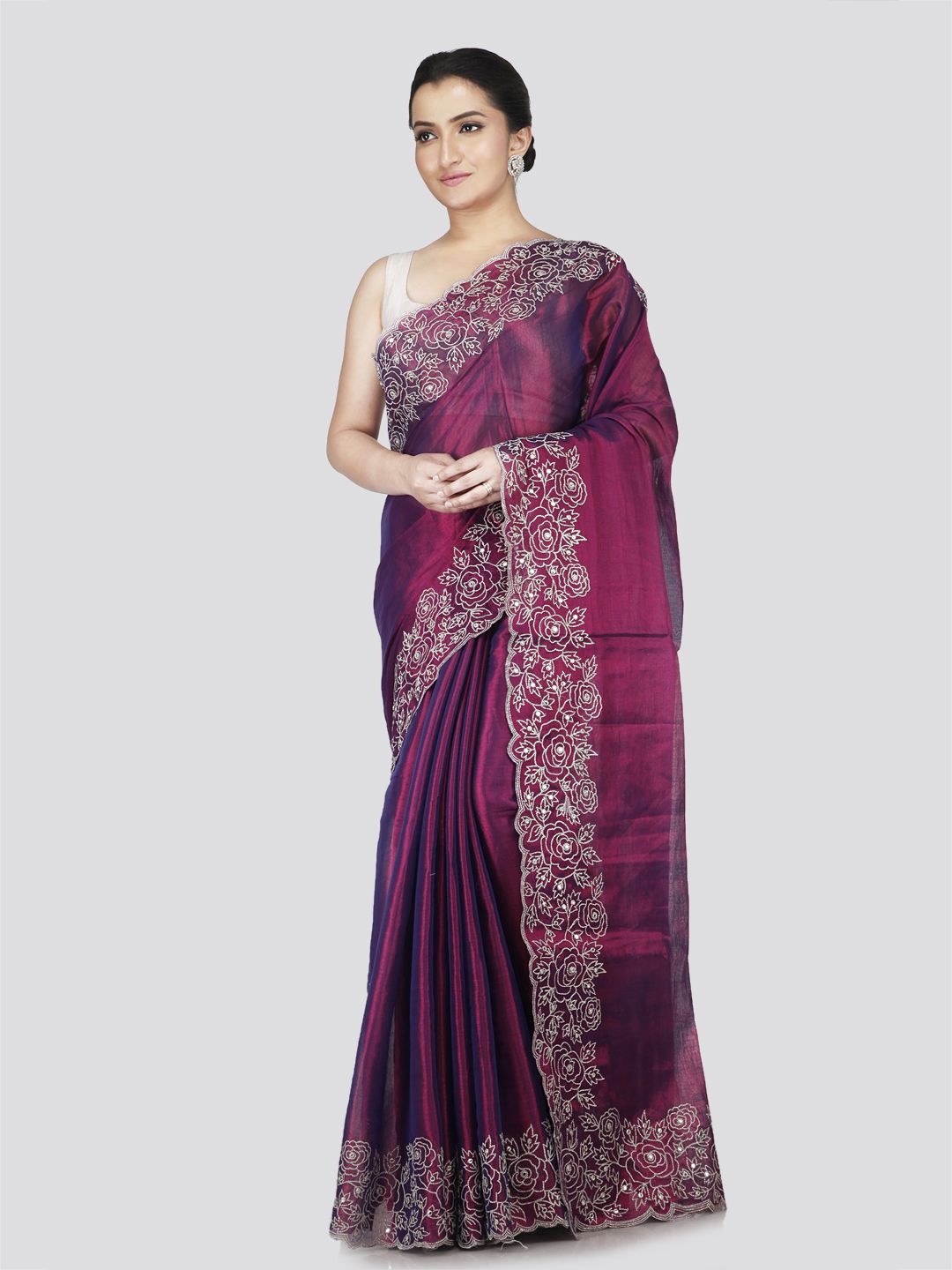 

PinkLoom Embroidered Silk Blend Saree, Purple