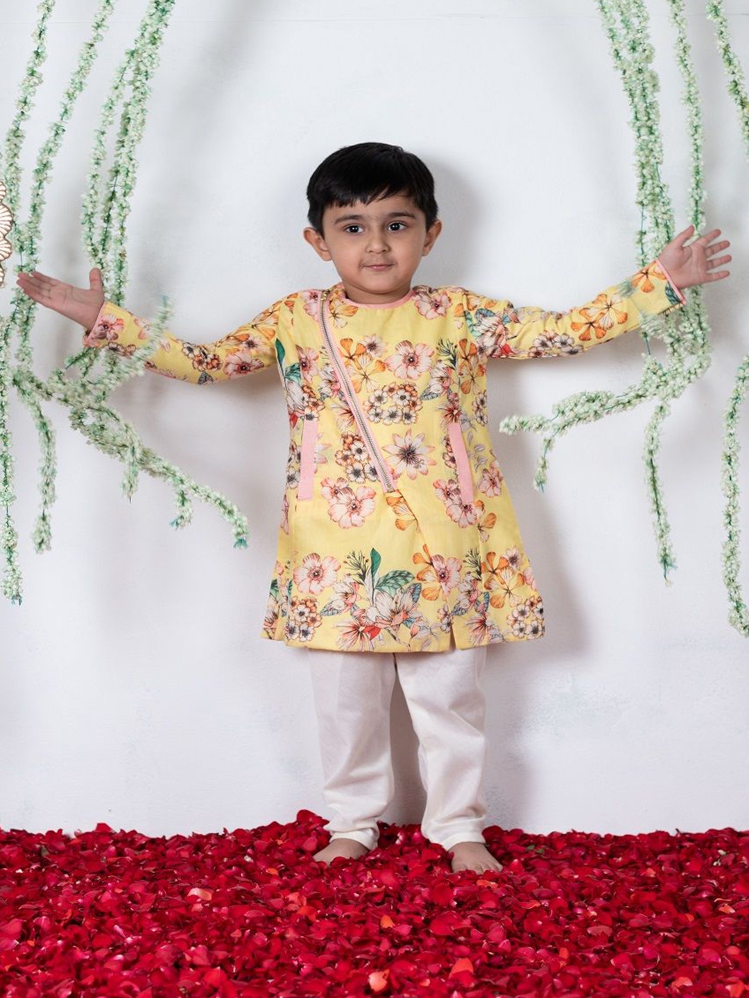 

Li'l Angels Boys Floral Printed Angrakha Kurta with Churidar, Yellow