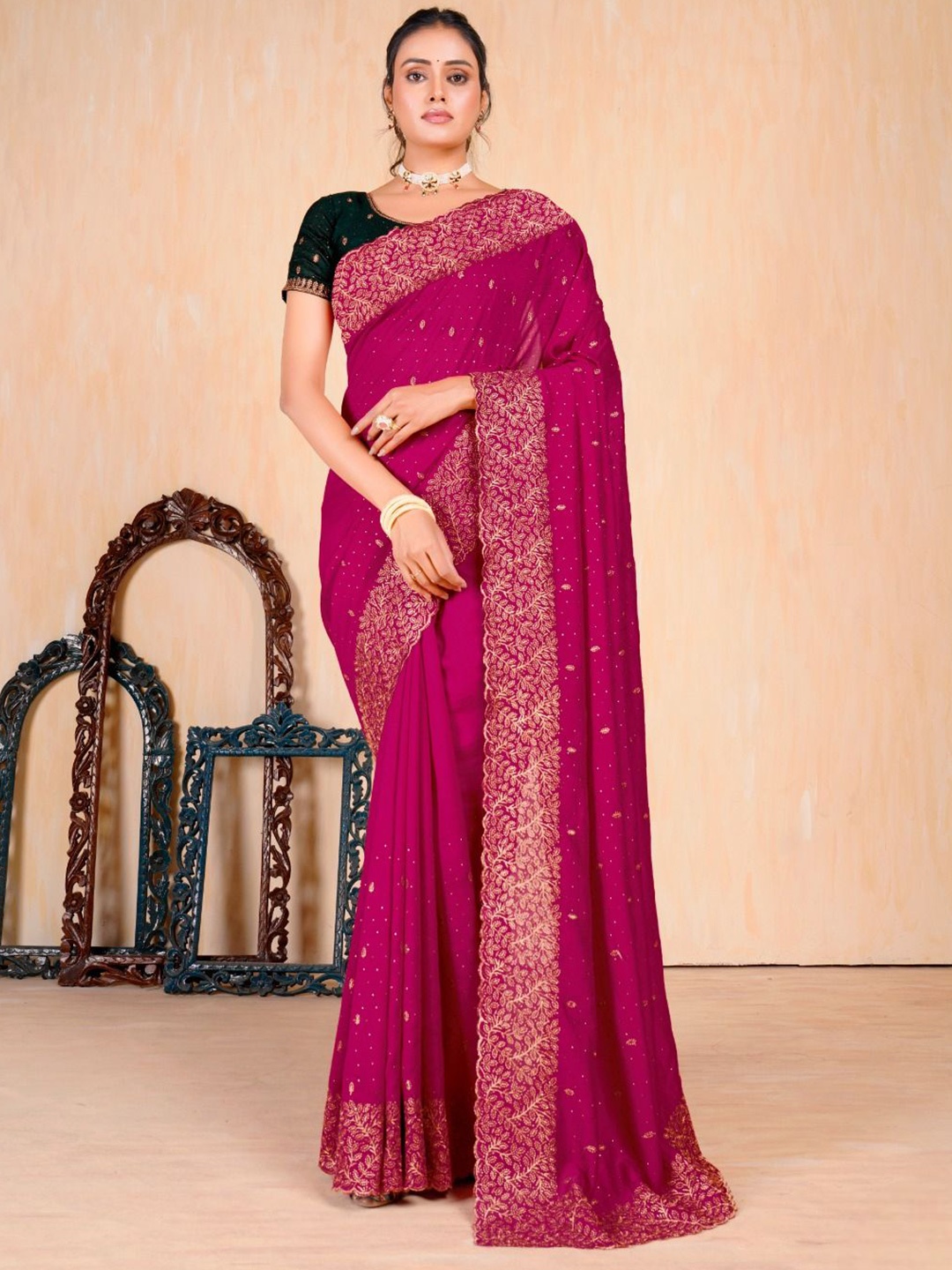 

Mitera Embroidered Embellished Beads and Stones Saree, Pink