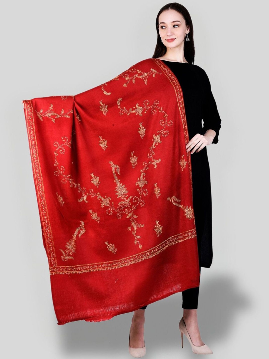 

SWI Stylish Floral Embroidered Pure Woollen Shawl, Maroon