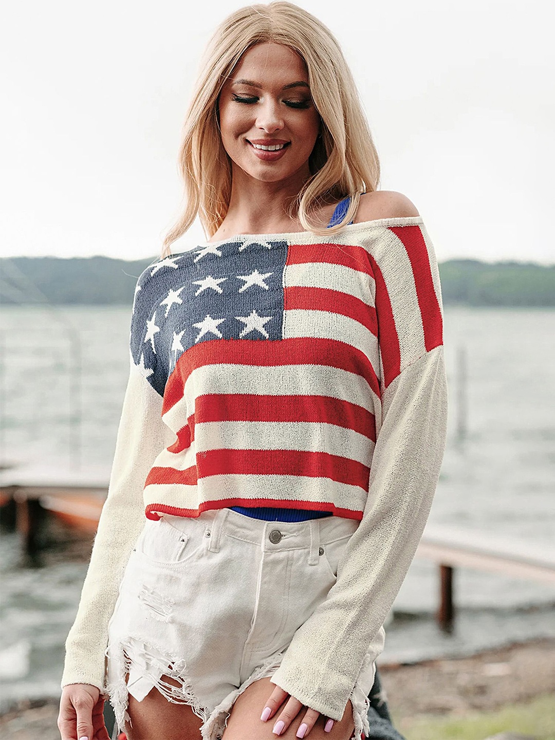

LULU & SKY Striped Extended Sleeves Top, Beige