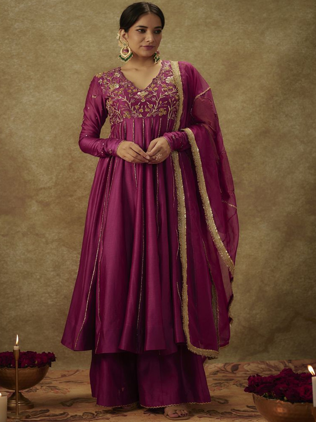 

The Aarya Floral Embroidered Empire Zari Chanderi Silk Kurta With Palazzos & Dupatta, Magenta