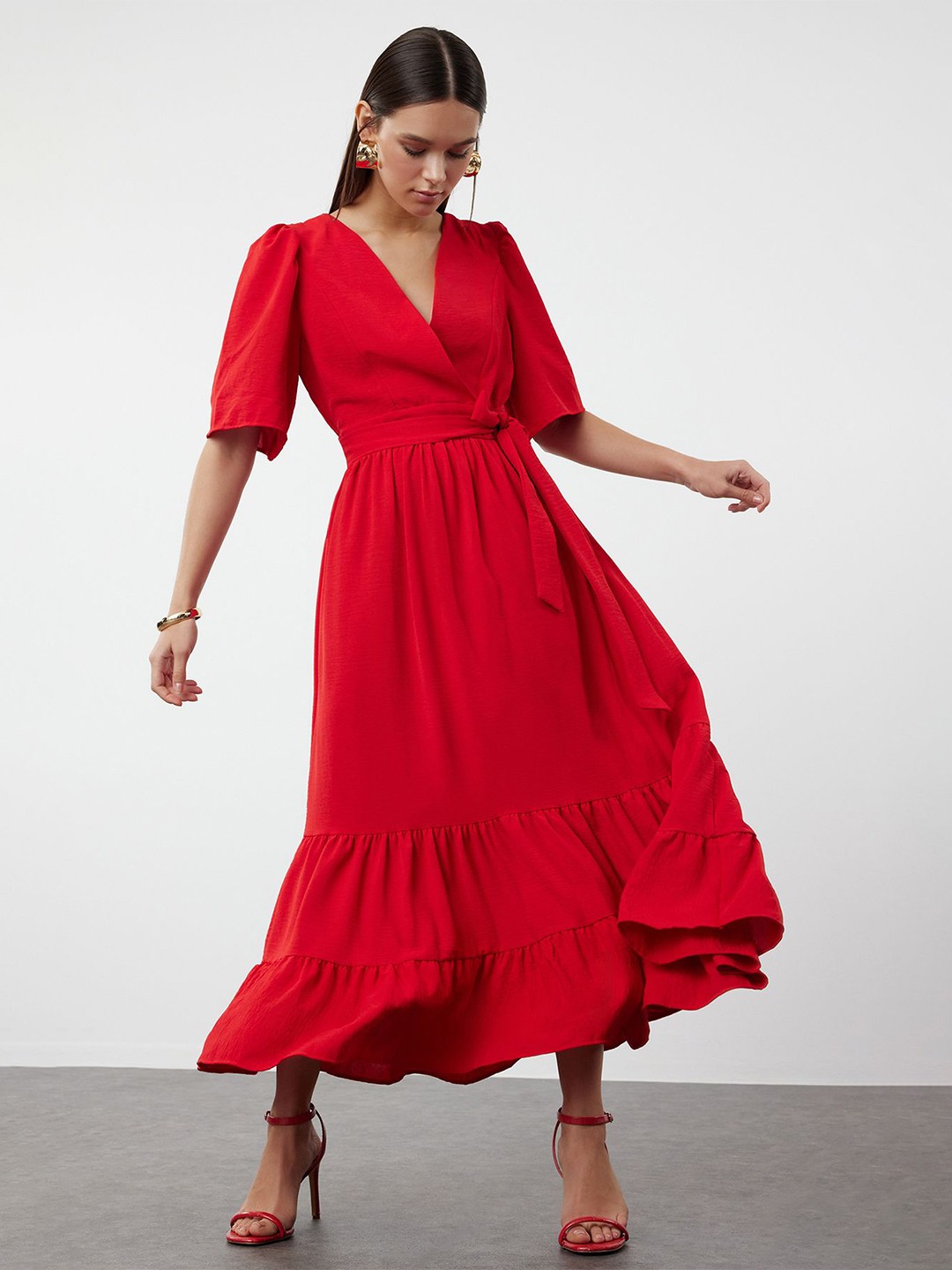 

Trendyol Puff Sleeve Maxi Midi Dress, Red