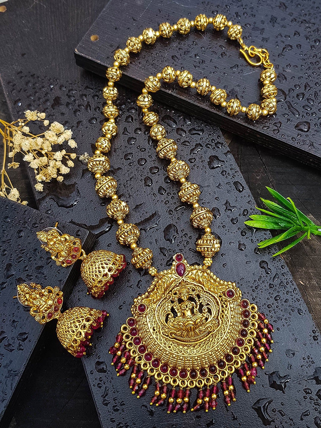 

GRIIHAM Gold-Plated CZ Studded Temple Brass Necklace and Earrings