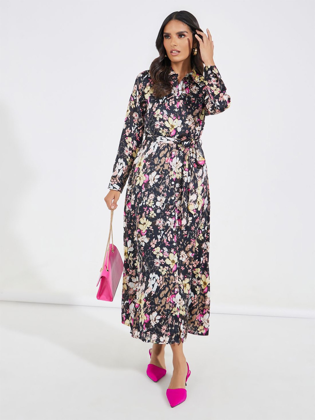 

Styli Women Floral Print Long Sleeve Shirt Maxi Dress, Black