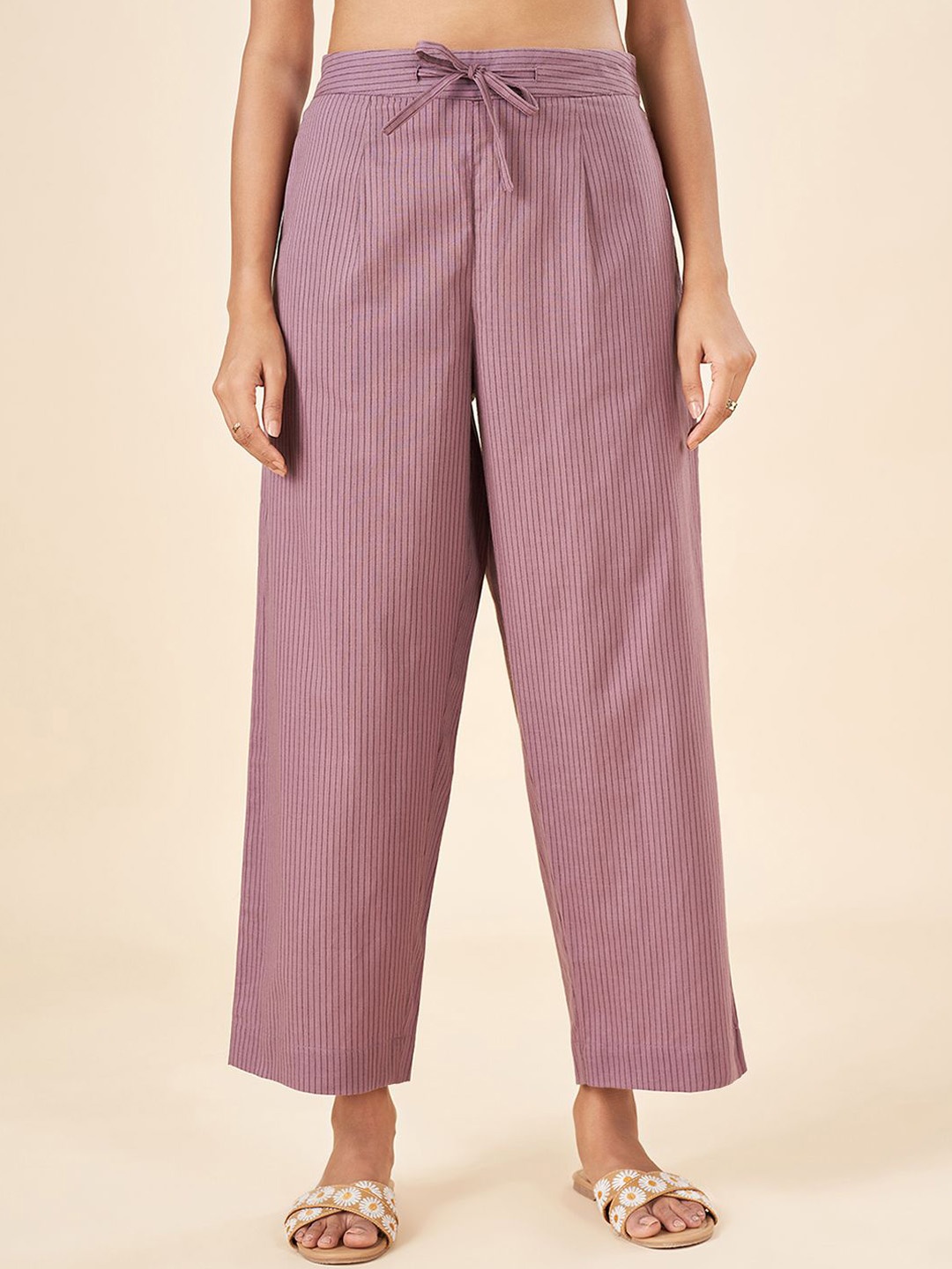 

AKKRITI BY PANTALOONS Women Striped Pleated Regular Fit Parallel Trousers, Mauve