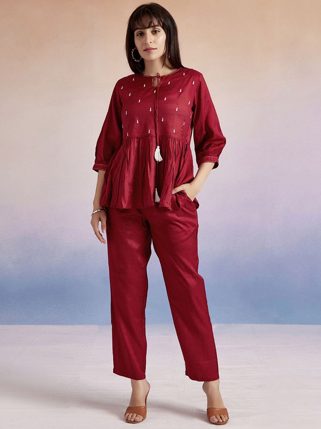 

Jaipur Kurti Resham Embroidered Co-ord Set, Maroon