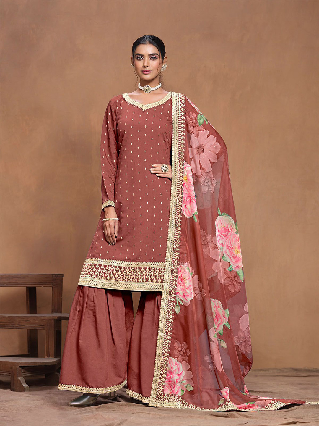 

ODETTE Floral Embroidered Semi-Stitched Dress Material, Rust