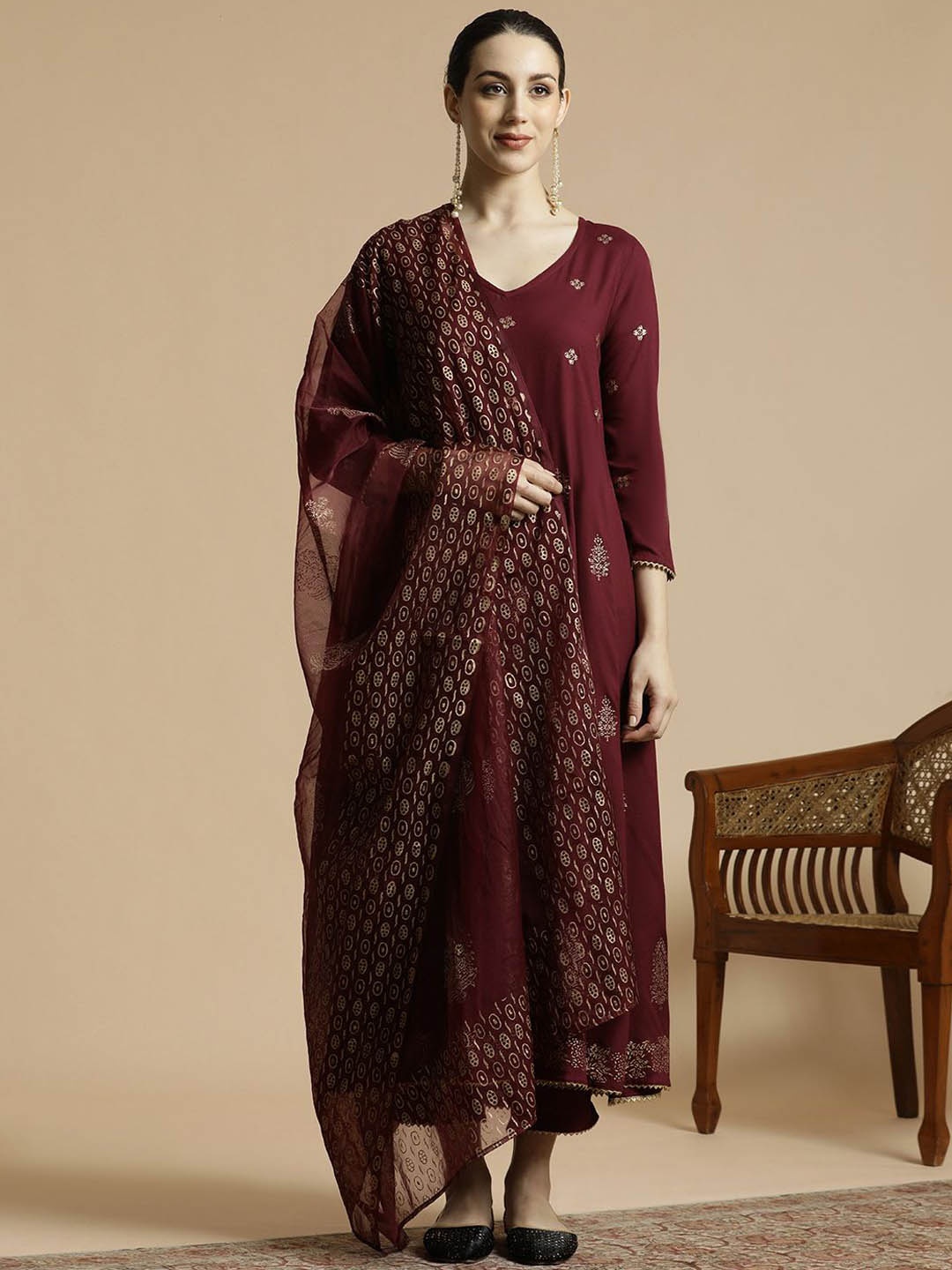 

Anouk Maroon Floral Printed V-Neck Anarkali Kurta with Trousers & Dupatta