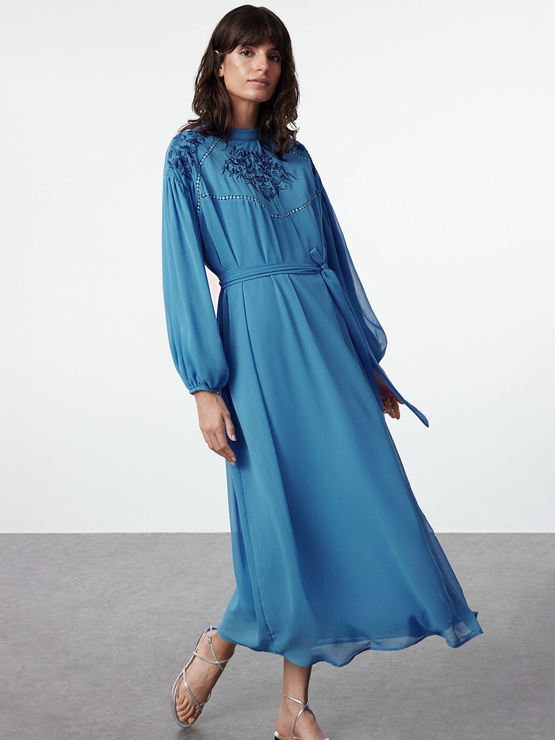 

Trendyol Floral Embroidered Fit and Flare Midi Dress, Blue