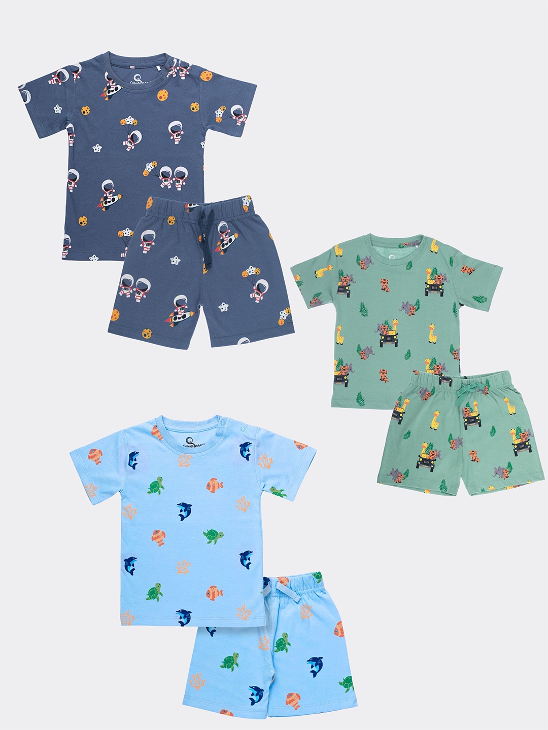 

Orange Sugar Kids Pack Of 3 Printed Pure Cotton T-shirt With Shorts, Green