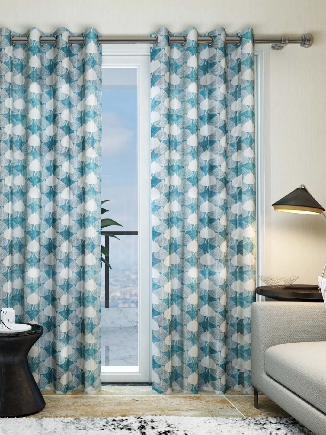 

Aura Blue & White 2 Pieces Floral Door Curtain