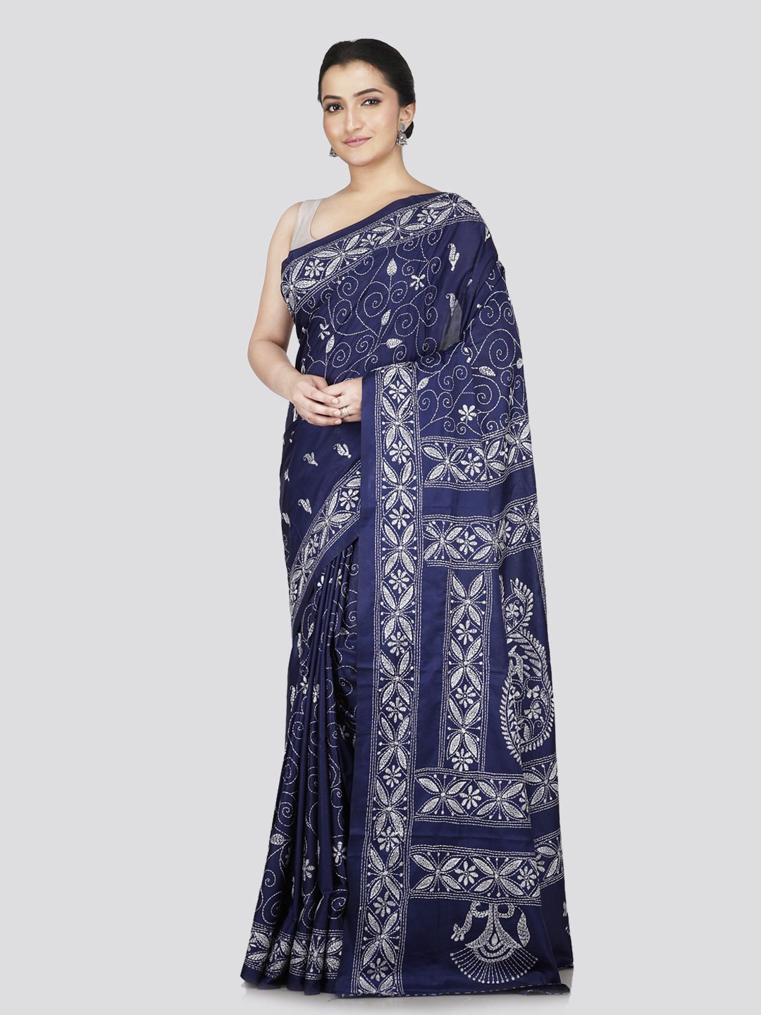 

PinkLoom Floral Kantha Work Pure Silk Saree, Blue