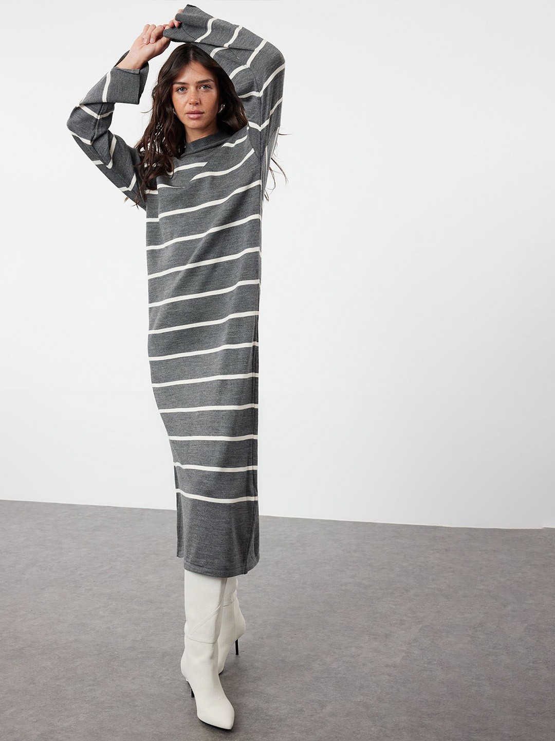 

Trendyol Striped T-shirt Midi Dress, Grey