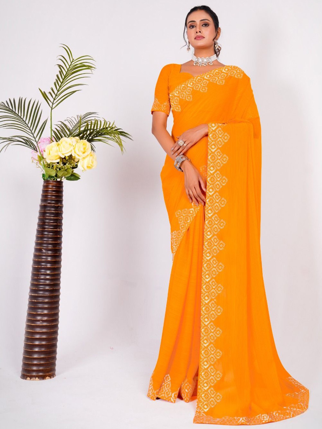 

Mitera Embellished Beads and Stones Pure Chiffon Saree, Yellow