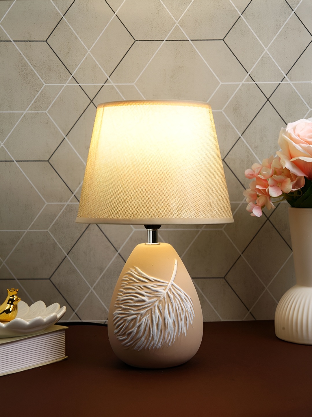 

TAYHAA Cream-Coloured Printed Ceramic Contemporary Frusturical Shaped Table Lamp