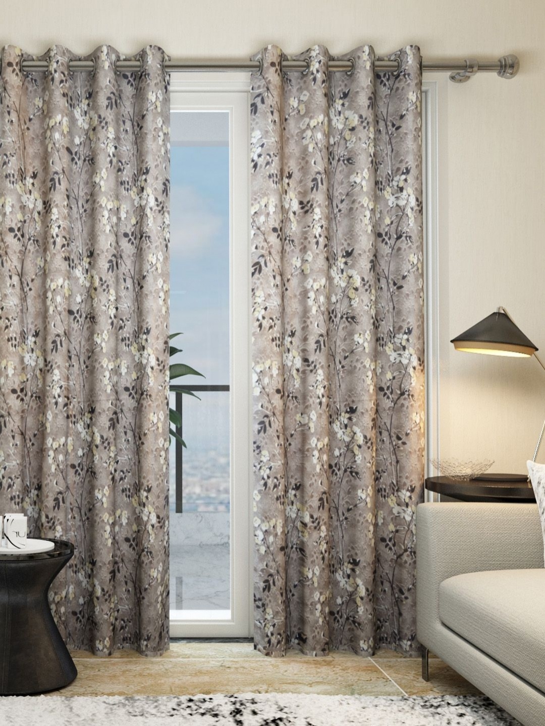 

Aura Brown & White 2 Pieces Floral Door Curtains
