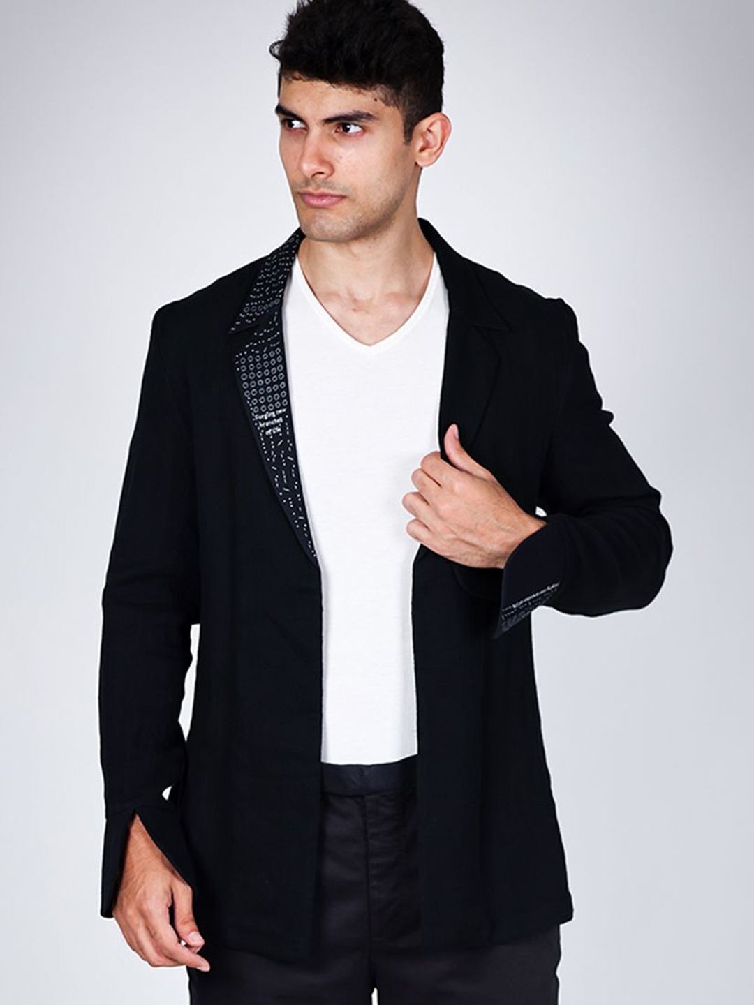 

Arya Giri Notched Lapel Cotton Open Front Blazer, Black